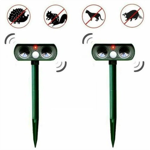 Humane ultrasonic wildlife repellent for gardens. Solar-powered motion-activated device for effective pest control.