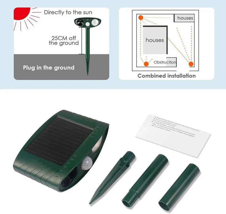 "Solar-powered ultrasonic deer repeller stake pack, eco-friendly, motion-activated for gardens, weather-resistant design."