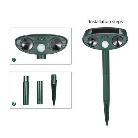 "Solar-powered ultrasonic deer repeller stake pack, eco-friendly, motion-activated for gardens, weather-resistant design."
