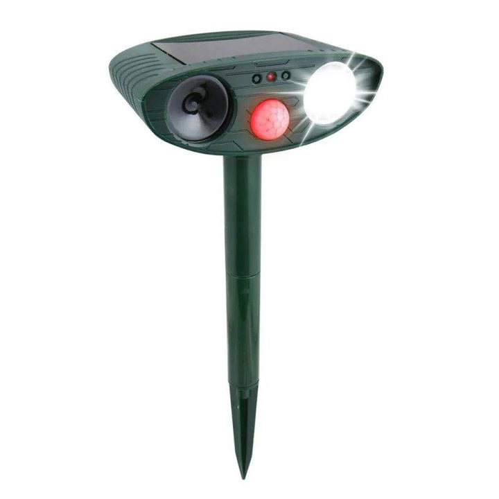 "Solar-powered ultrasonic deer repeller stake pack, eco-friendly, motion-activated for gardens, weather-resistant design."