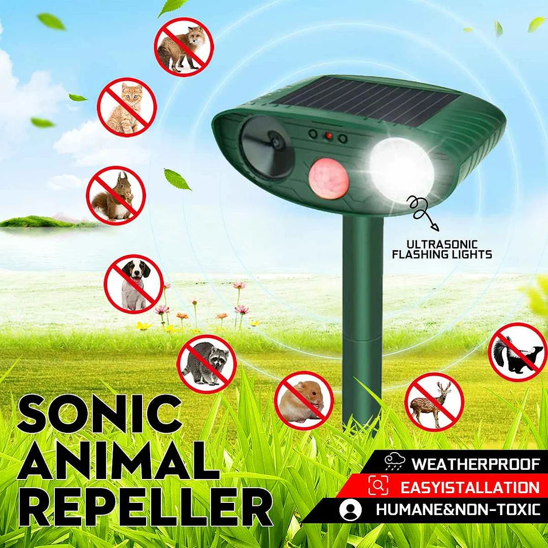 "Solar-powered ultrasonic deer repeller stake pack, eco-friendly, motion-activated for gardens, weather-resistant design."