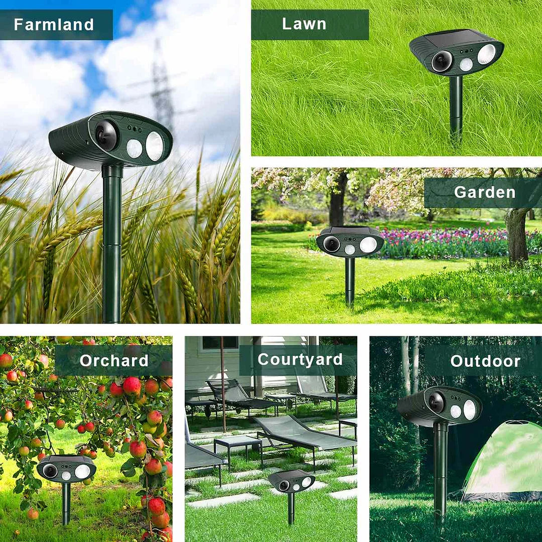 "Solar-powered ultrasonic deer repeller stake pack, eco-friendly, motion-activated for gardens, weather-resistant design."