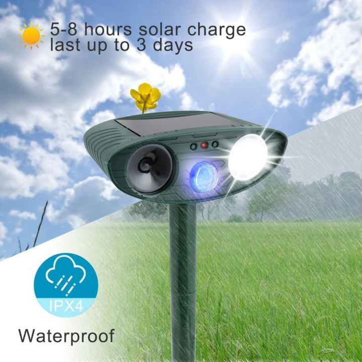 "Solar-powered ultrasonic deer repeller stake pack, eco-friendly, motion-activated for gardens, weather-resistant design."