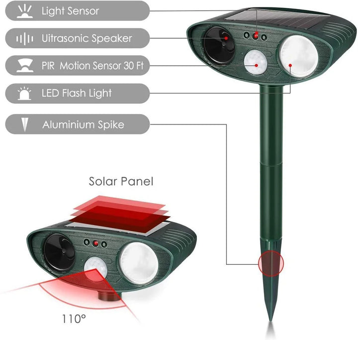 "Solar-powered ultrasonic deer repeller stake pack, eco-friendly, motion-activated for gardens, weather-resistant design."