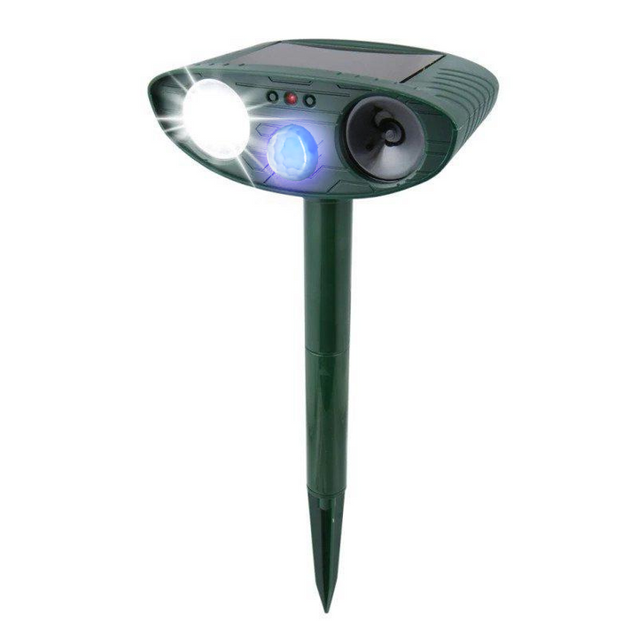 "Solar-powered ultrasonic rabbit repeller with dual sensors and LED lights for effective garden protection against rabbits."