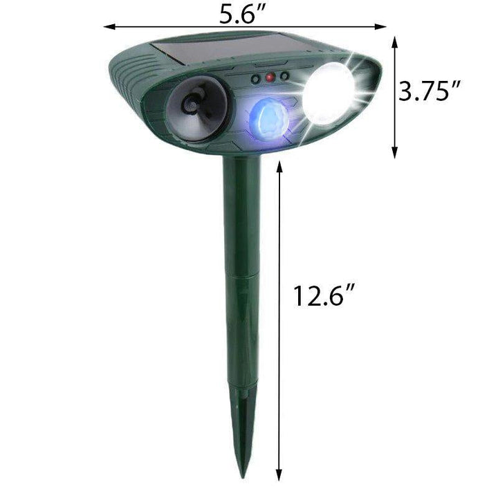"Solar-powered ultrasonic rabbit repeller with dual sensors and LED lights for effective garden protection against rabbits."