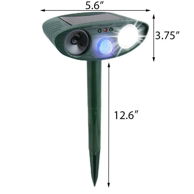 Solar ultrasonic repeller deters deer & other pests. Humane garden & yard protection device.