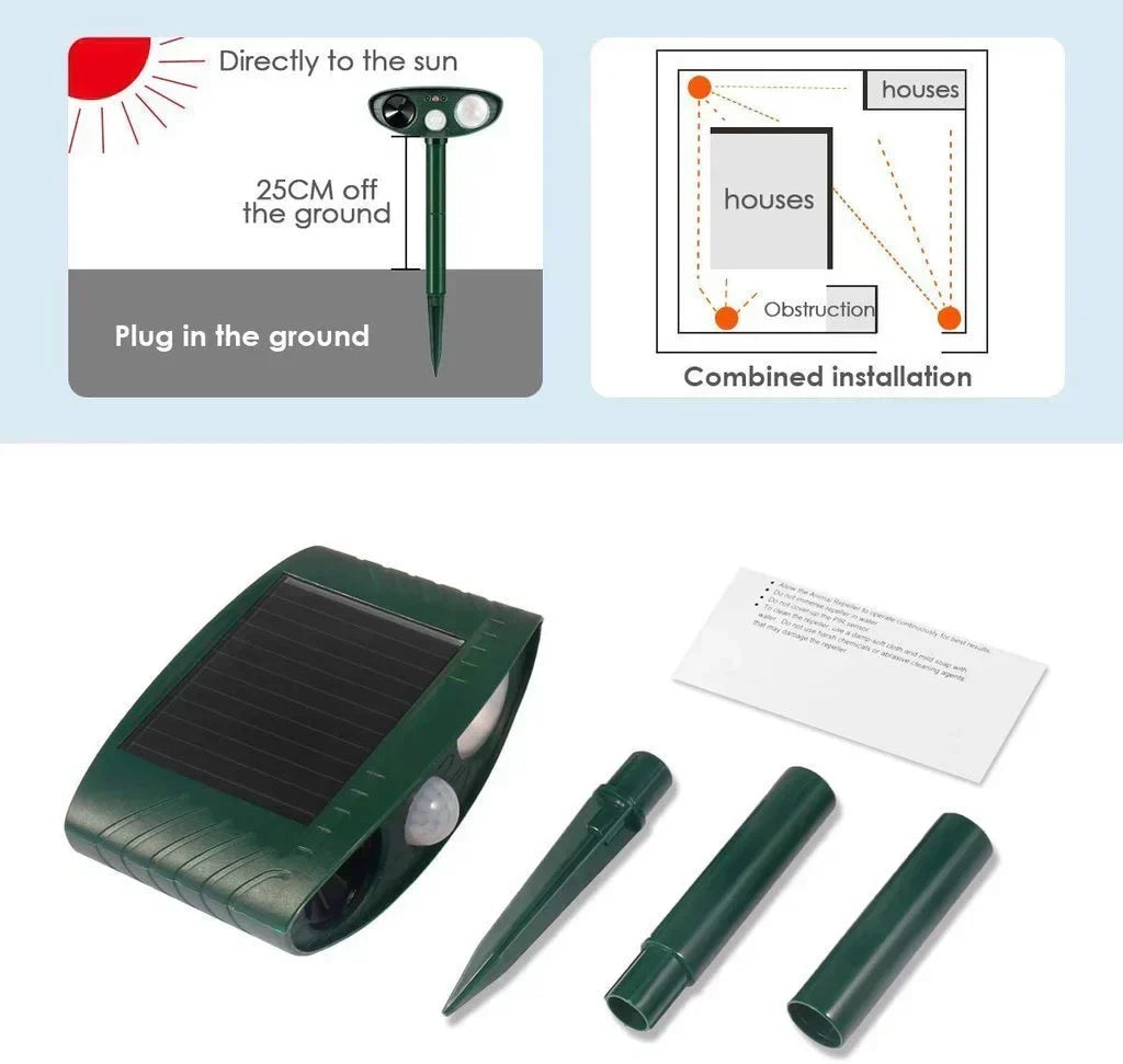 Durable solar-powered ultrasonic deer repeller for year-round garden protection and outdoor safety.