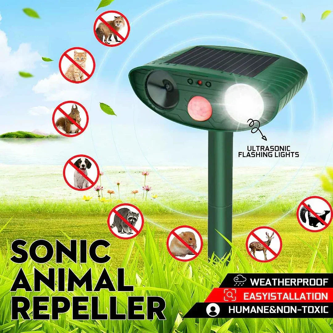 Humane solar ultrasonic deer repeller protects gardens & yards from pests naturally and effectively.