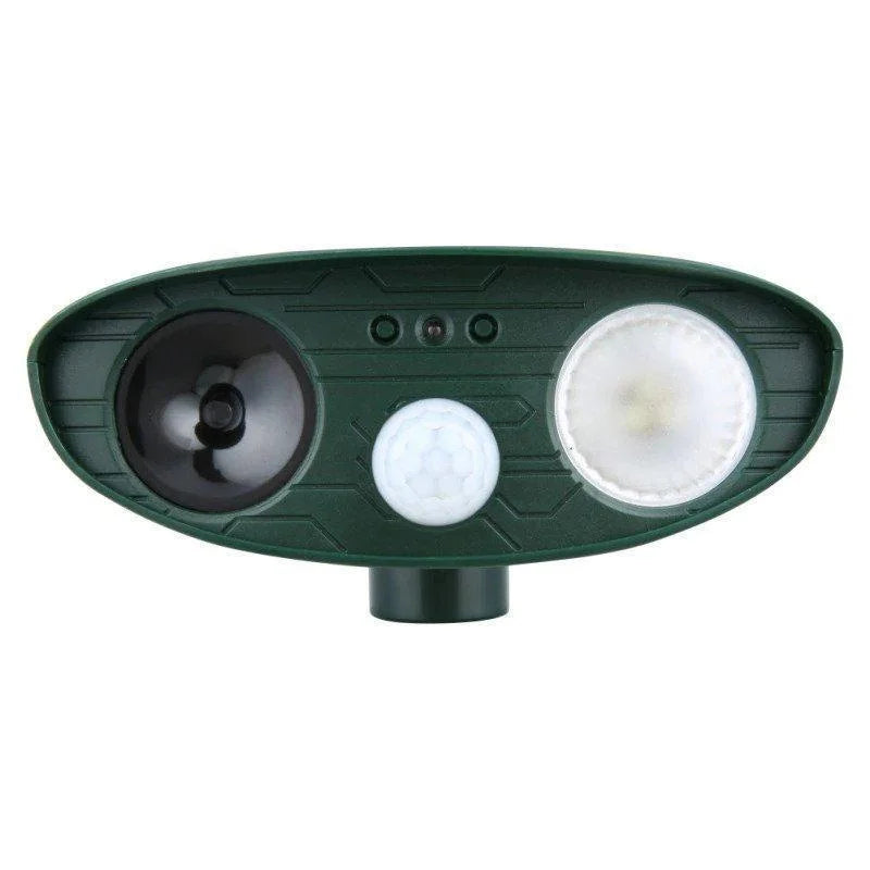 Advanced ultrasonic animal deterrent, solar-powered for humane and safe garden protection.