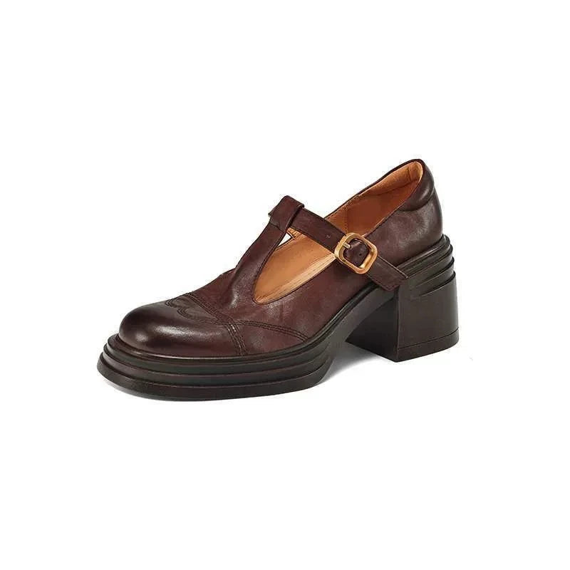 Stylish women's leather T-strap block heels with a sturdy block heel for comfortable all-day wear.