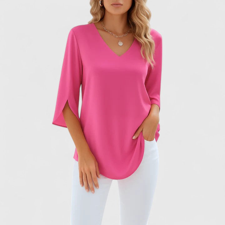 Casual elegant women's V-neck blouse with split sleeves, offering comfortable wear and chic summer fashion.