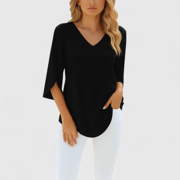 Comfortable women's V-neck blouse with stylish split sleeves, a sophisticated shirt for versatile day-to-night fashion.