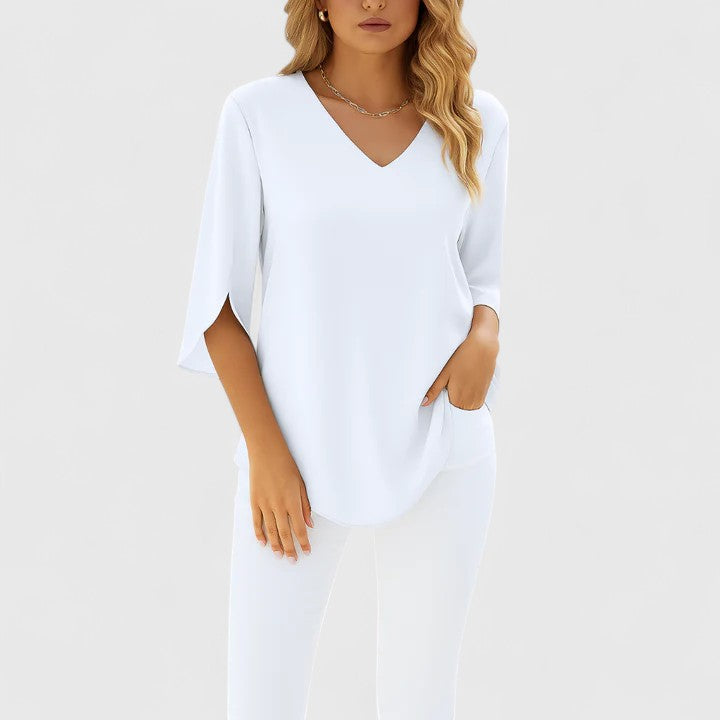 Effortless style with this women's V-neck blouse. A casual elegant top with split sleeves, perfect for summer fashion.