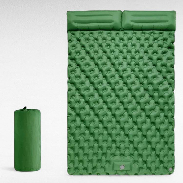 Spacious green double air mattress for camping, fast inflation, comfortable 2-person sleep pad.