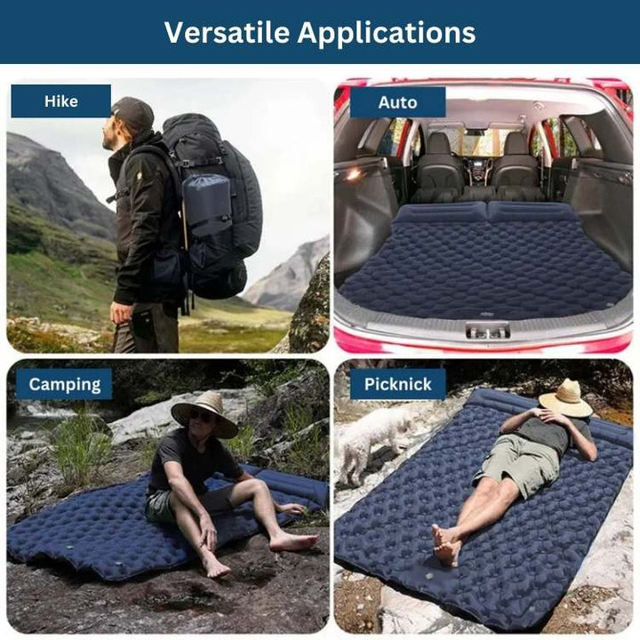 Durable outdoor 2-person camping mattress, light blue, a comfortable inflatable sleep pad for trips.