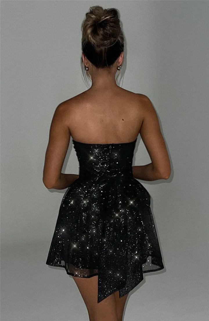 Alina sparkling mini dress, women's fitted party wear. Glittering occasion dress, ideal for evenings.