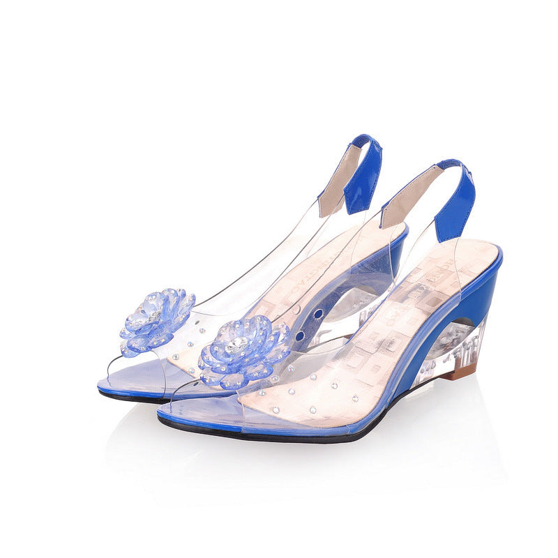 Comfortable open-toe sparkling wedge sandals for women. Ideal summer footwear for casual strolls or glamorous evening wear.