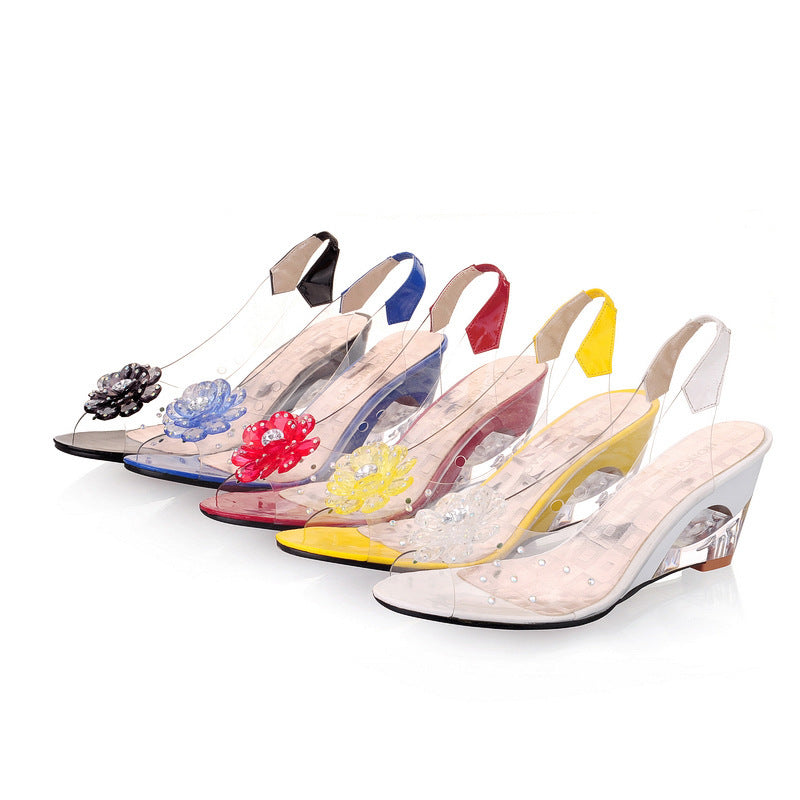 Women's sparkling wedge sandals, elegant design for summer parties. Chic, comfortable heels, perfect for sophisticated outfits.