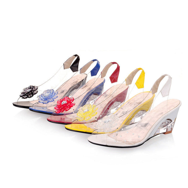Women's sparkling wedge sandals, elegant design for summer parties. Chic, comfortable heels, perfect for sophisticated outfits.