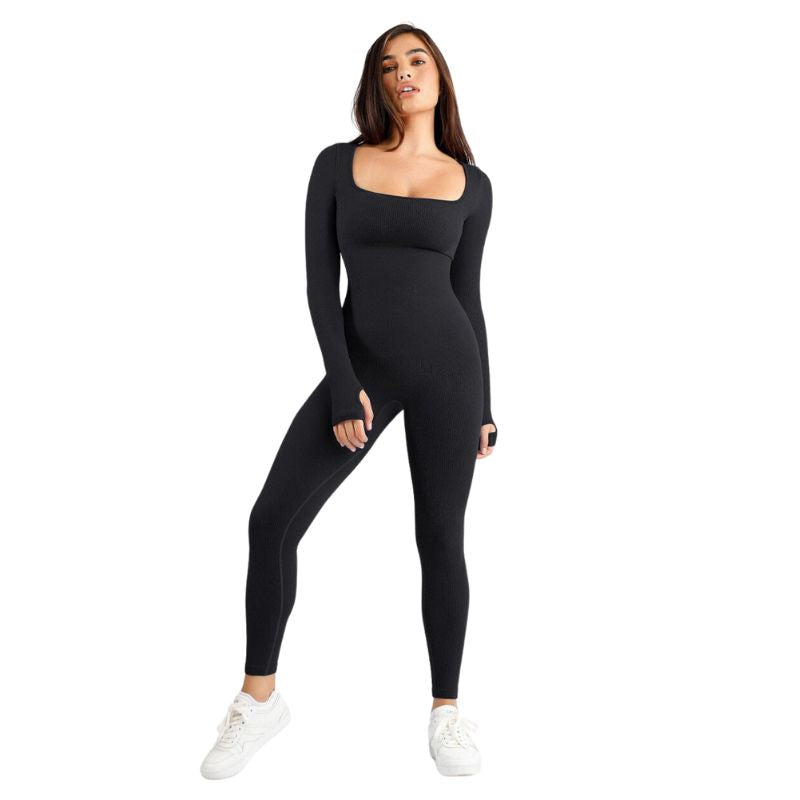 Women's sporty square neck jumpsuit, slim fit activewear for yoga & fitness. Comfortable black workout outfit.