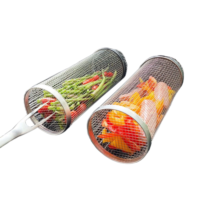 "Stainless steel BBQ grill basket with rotating design for even grilling of veggies and meats, enhancing cooking flavors."