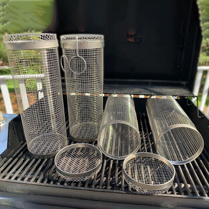 "Stainless steel BBQ grill basket with rotating design for even grilling of veggies and meats, enhancing cooking flavors."