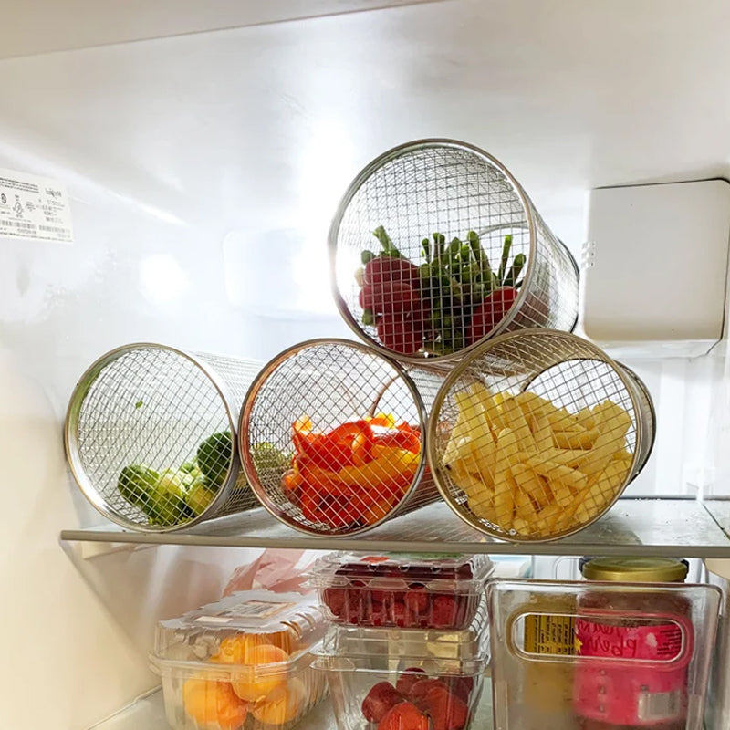"Stainless steel BBQ grill basket with rotating design for even grilling of veggies and meats, enhancing cooking flavors."