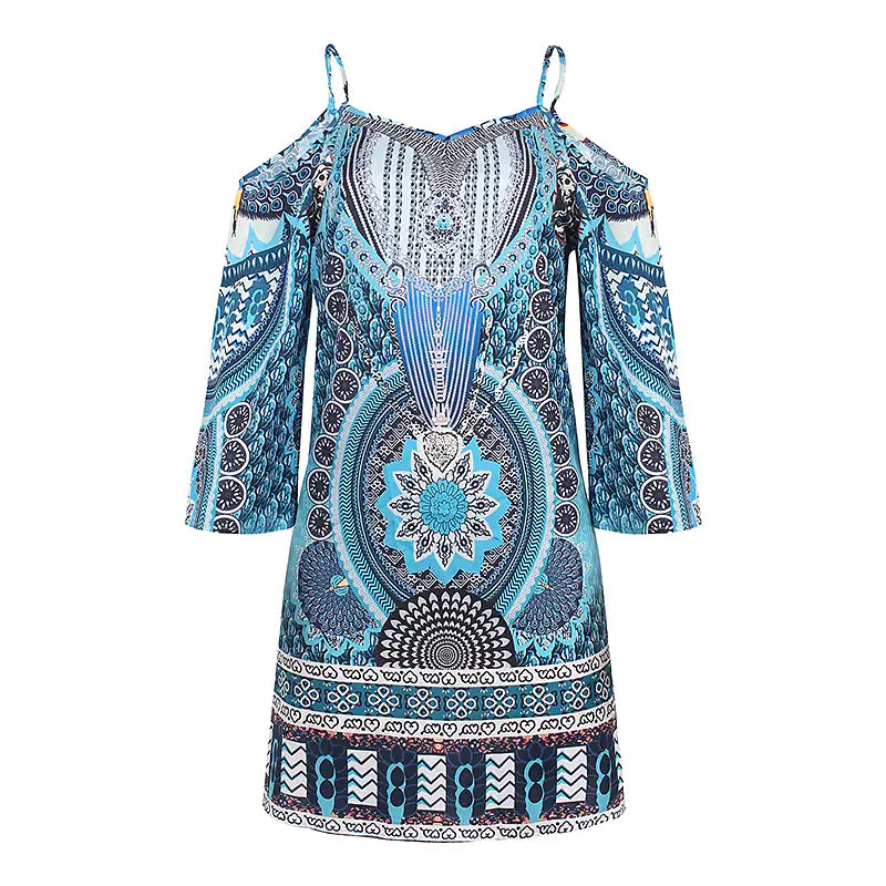 Lightweight strapless women's mini dress, featuring a colorful boho ethnic print, comfortable for summer.