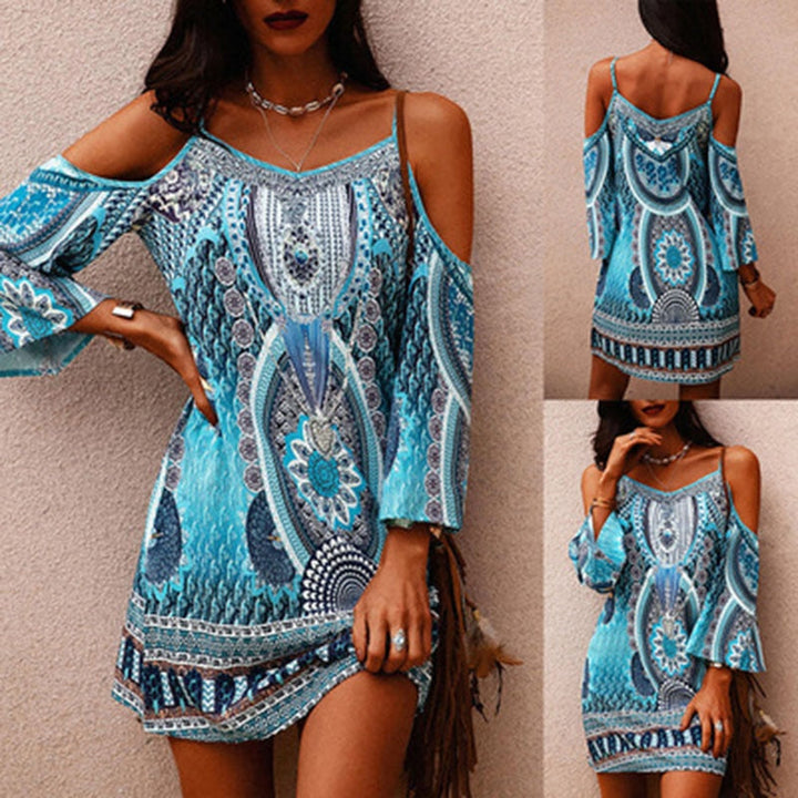 Women's strapless boho ethnic print mini dress, perfect for summer casual wear or beach vacation.