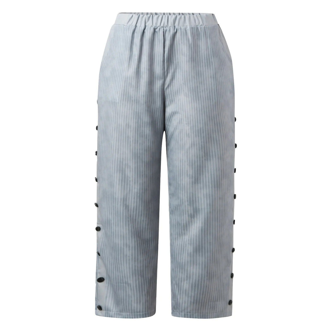 Stylish striped high-waist ladies pants with decorative buttons, perfect for a modern, versatile look.
