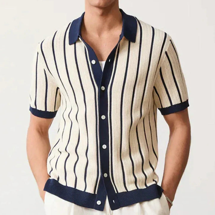 Emilio men's striped knit shirt with button placket. Long sleeve, comfortable, retro casual summer top.