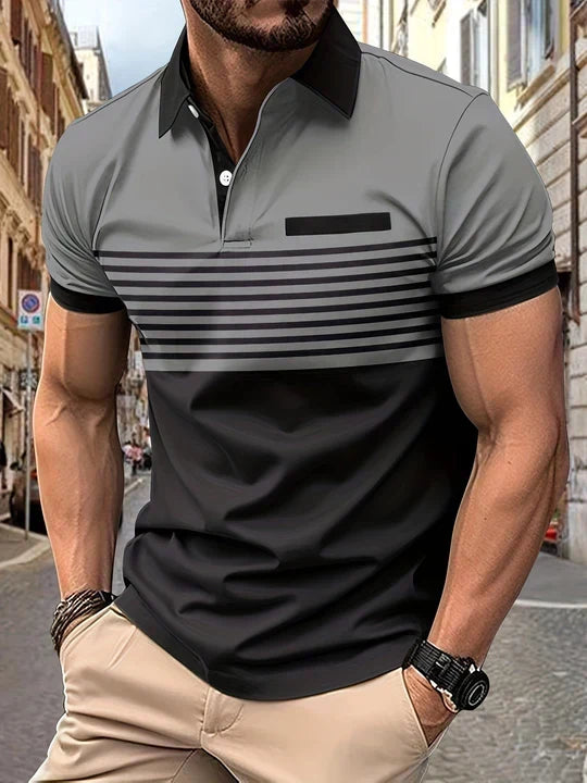 Stylish men's striped polo shirt for summer. Short sleeve, comfortable, perfect for casual and vacation wear.