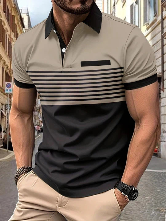 Man wearing a men's classic striped polo shirt. Ideal for summer, vacation, and casual everyday stylish outfits.