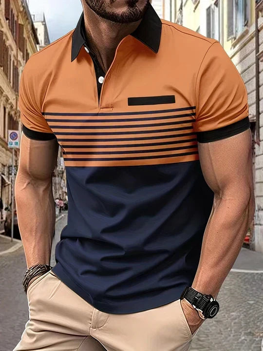 Men's short sleeve striped polo shirt, a classic design for summer fashion, casual everyday wear, and comfortable vacation style.
