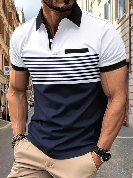 Classic men's short sleeve striped polo shirt. Stylish for summer fashion, casual outfits, and versatile everyday wear.