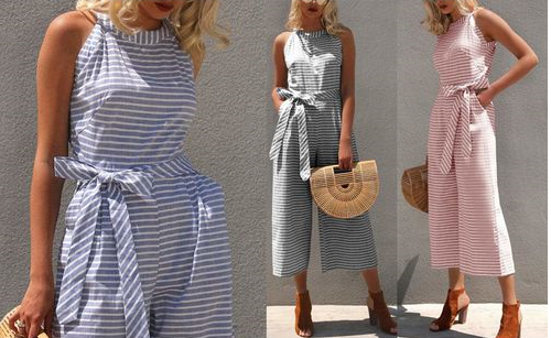 Flowy wide-leg striped jumpsuit for women, featuring a flattering wrap neck, perfect for elegant summer style.