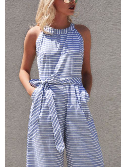 Comfortable women's striped wrap neck wide-leg jumpsuit. A stylish sleeveless option for summer fashion.