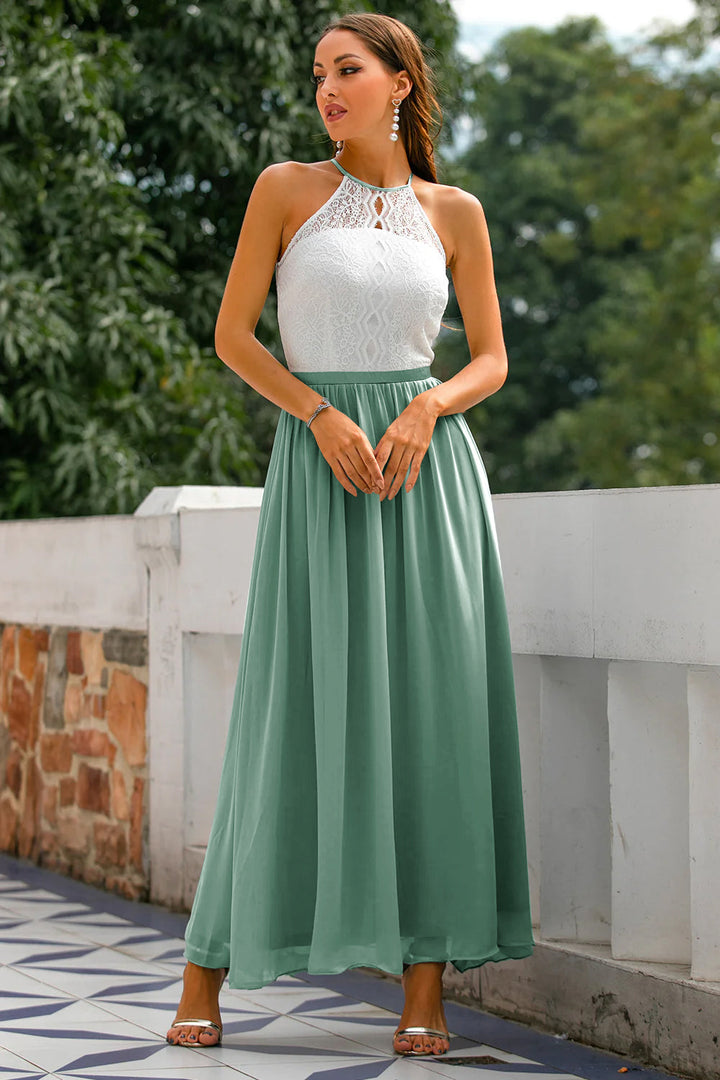 Sophisticated women's halter maxi dress, an elegant floor-length formal gown. Ideal for wedding guests & special events.