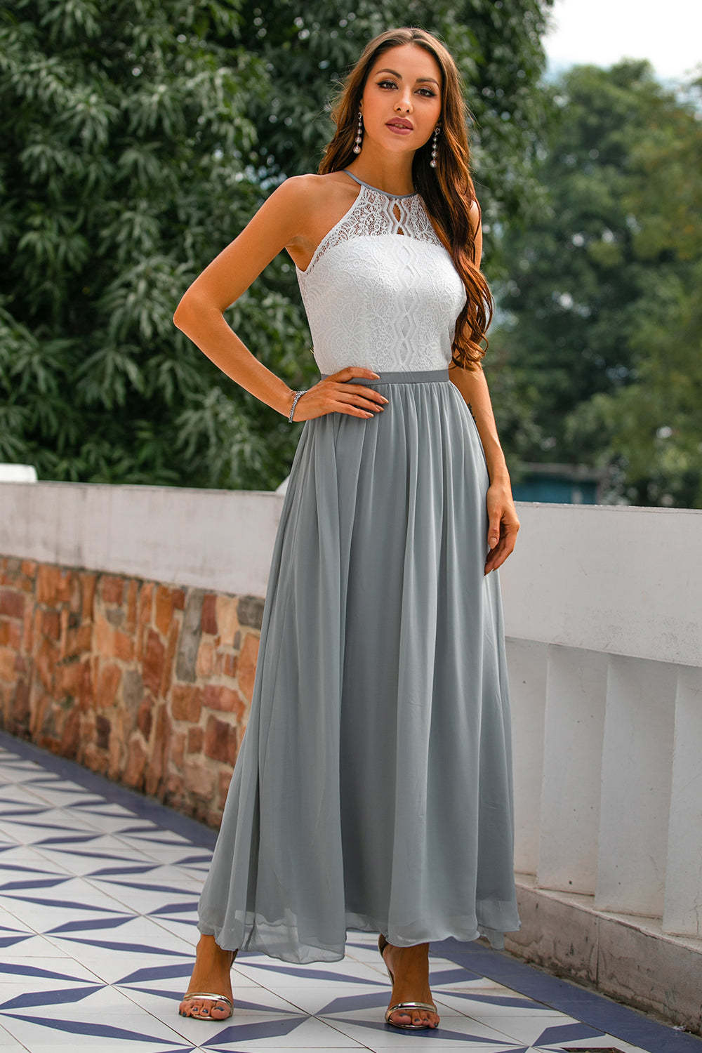 Women's elegant halter maxi dress, a versatile floor-length gown for wedding guests, parties, or formal events.