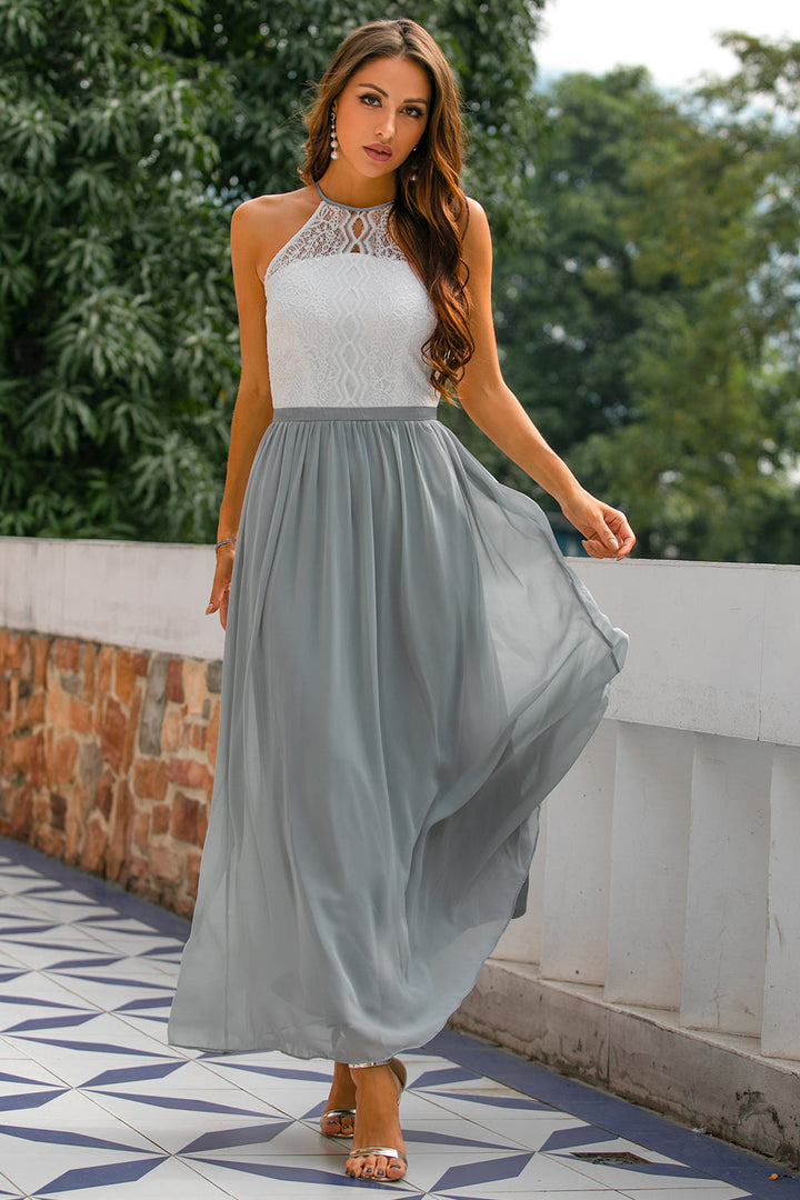 Elegant women's halter wedding guest maxi dress. Chic floor-length formal gown perfect for special occasions.