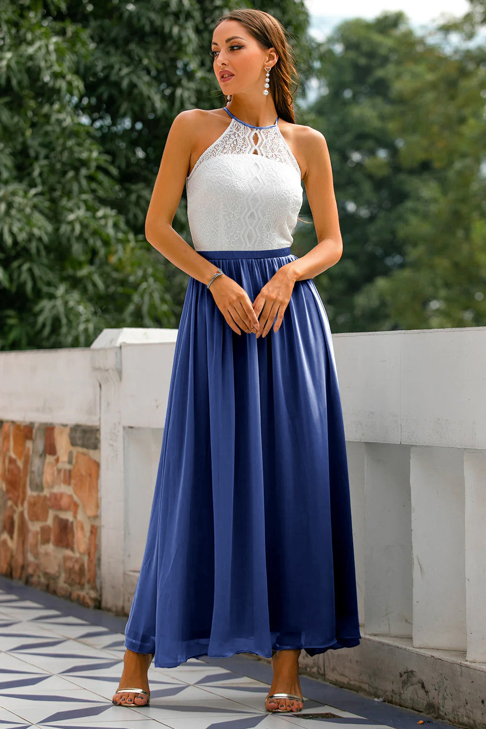 Beautiful women's halter wedding guest maxi dress, an elegant floor-length gown perfect for formal evening events.
