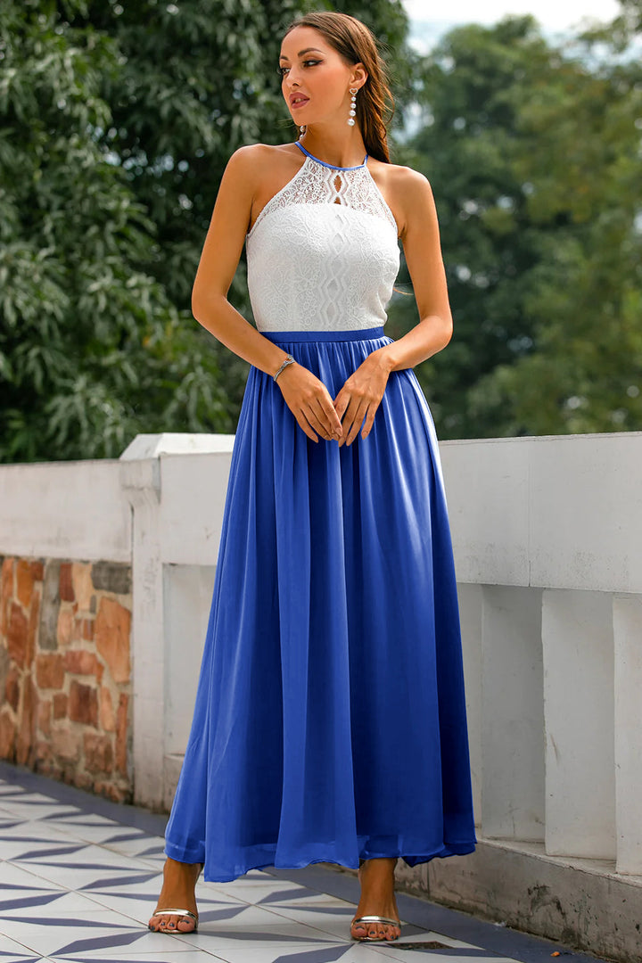 Flattering women's halter wedding guest maxi dress. Elegant floor-length formal gown, chic for any special occasion.