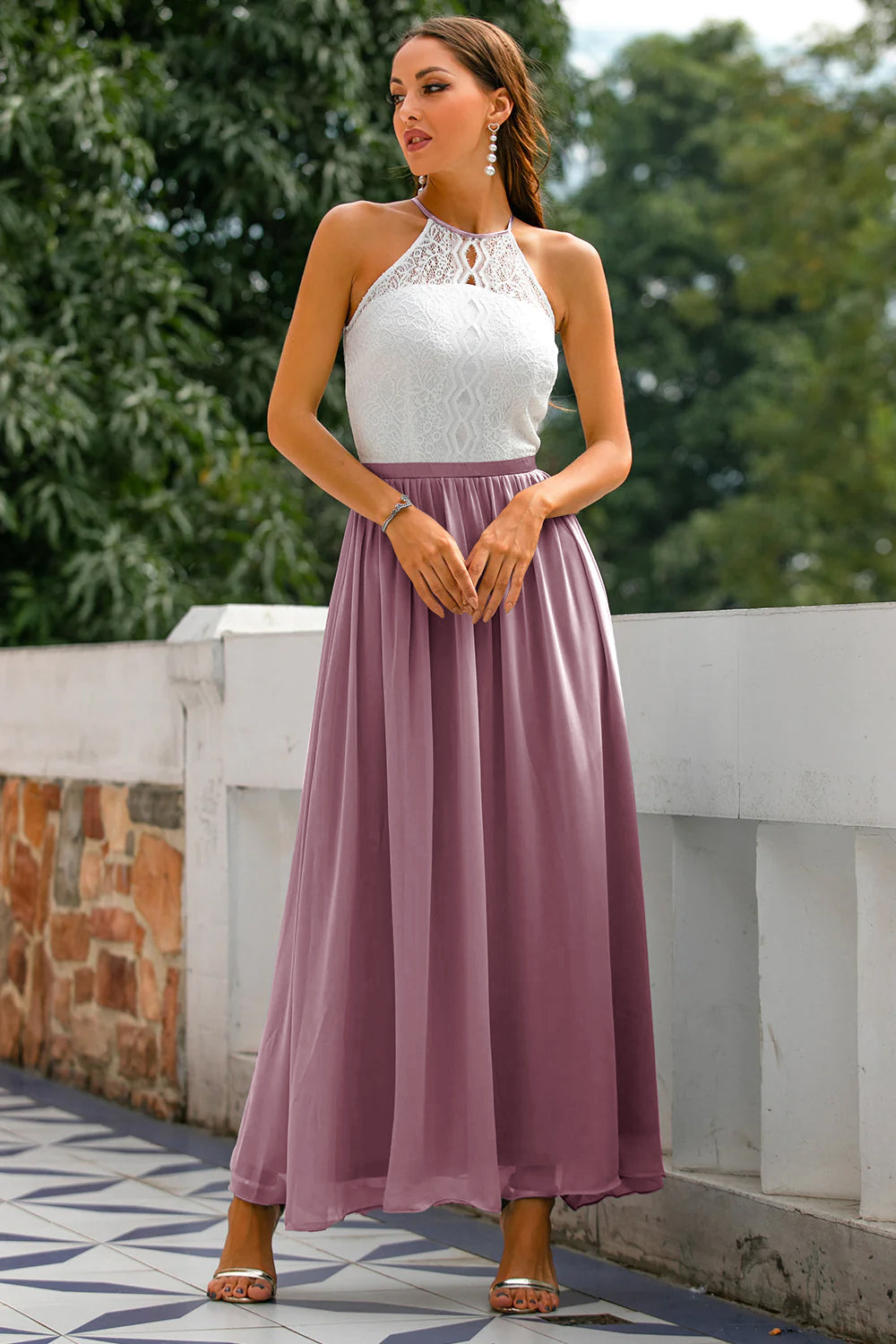 Elegant women's halter formal gown, a floor-length maxi dress perfect for wedding guests, parties, and evening wear.