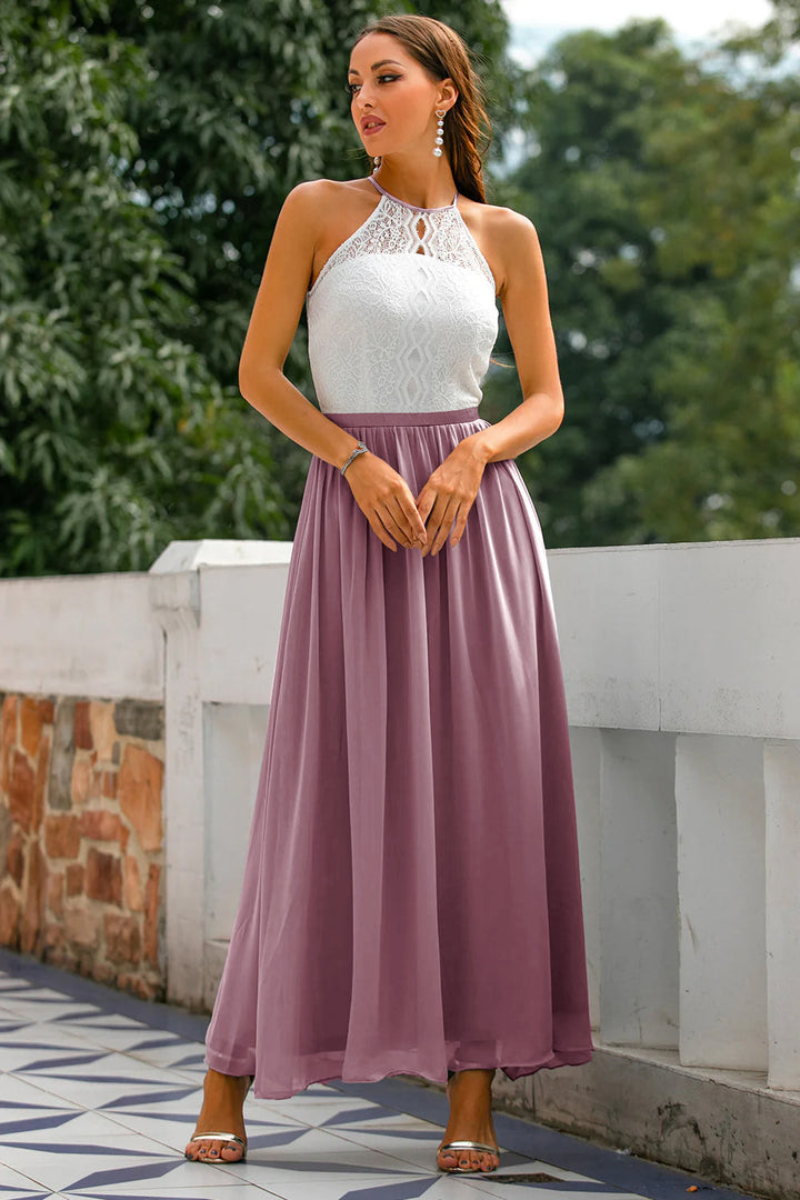 Elegant women's halter formal gown, a floor-length maxi dress perfect for wedding guests, parties, and evening wear.