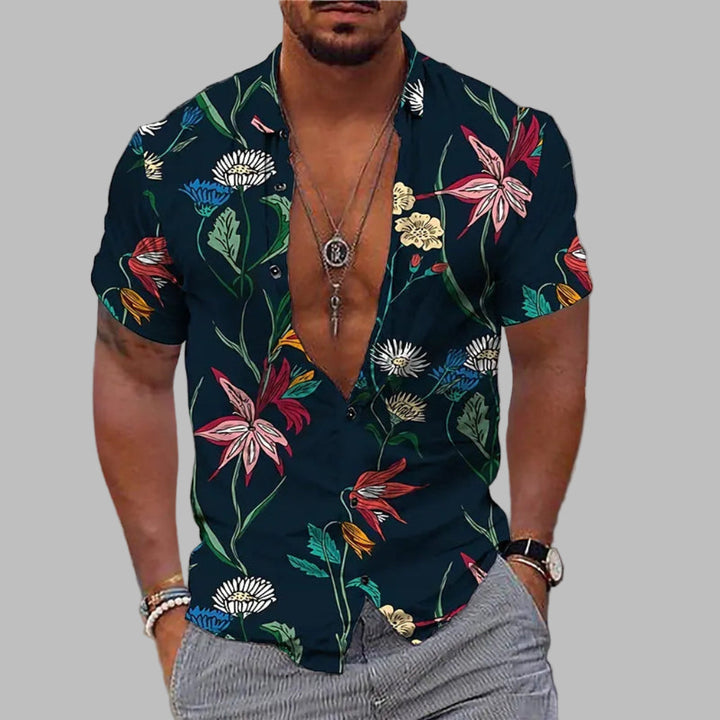 Vibrant men's casual print summer shirt, short-sleeve and stylish for beachwear, vacation, or everyday comfort.