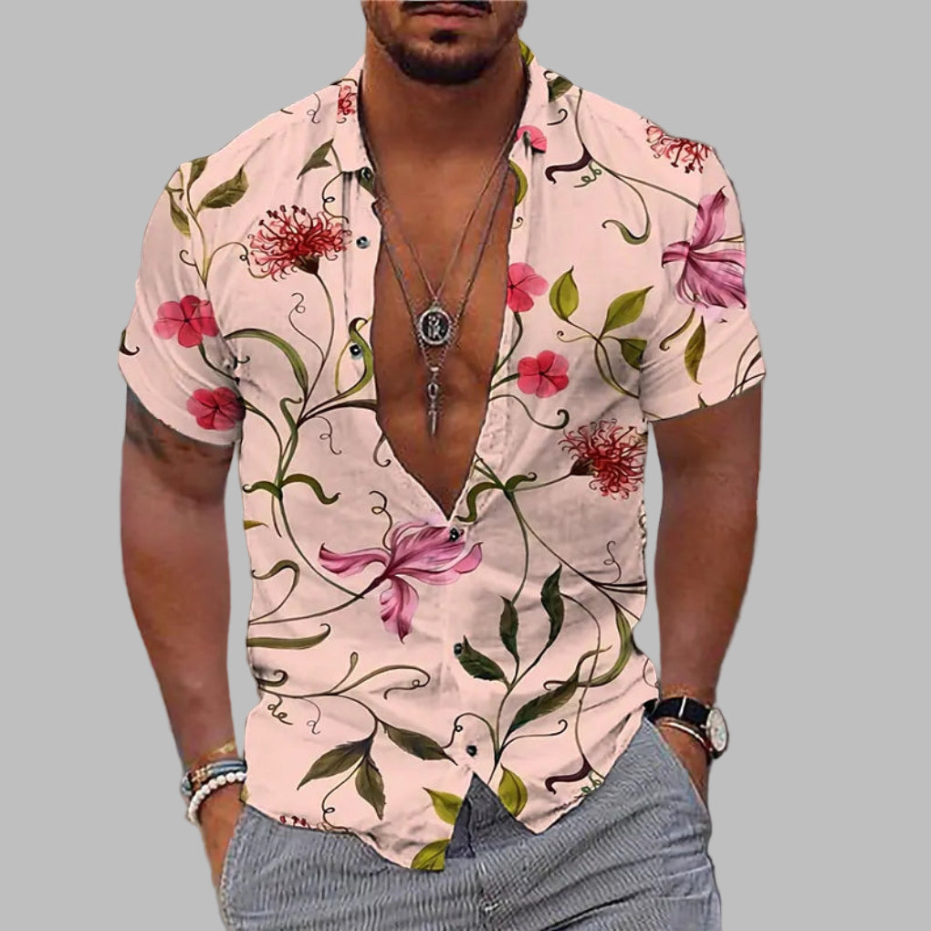 Designer style men's short-sleeve print shirt for summer, offering comfort & fashion for casual and vacation outfits.