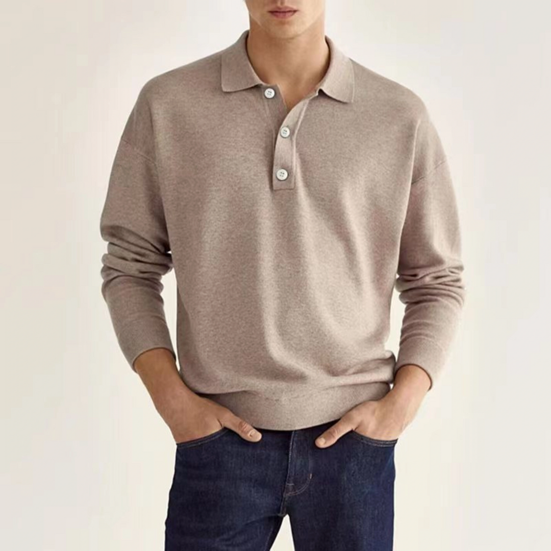 Soft men's long sleeve polo shirt with half-button design, ideal for versatile everyday fashion.