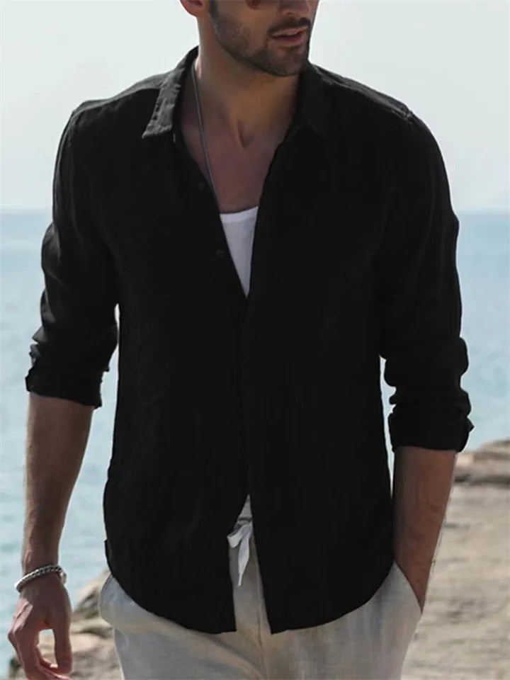 Lightweight men's long sleeve summer shirt in a modern fit, ideal for warm weather and versatile casual wear.