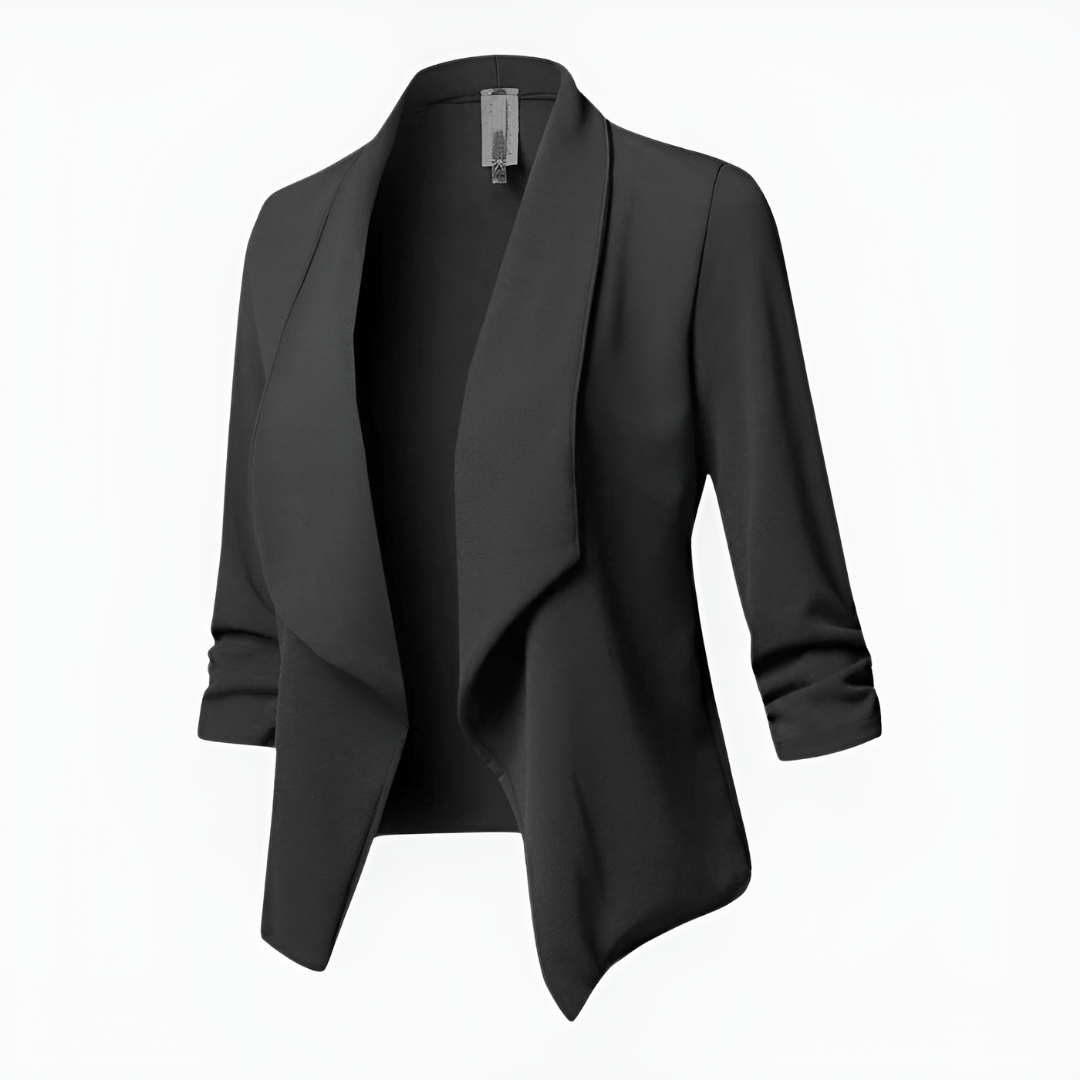 Professional yet casual women's open front blazer, a key piece for any business casual wardrobe.